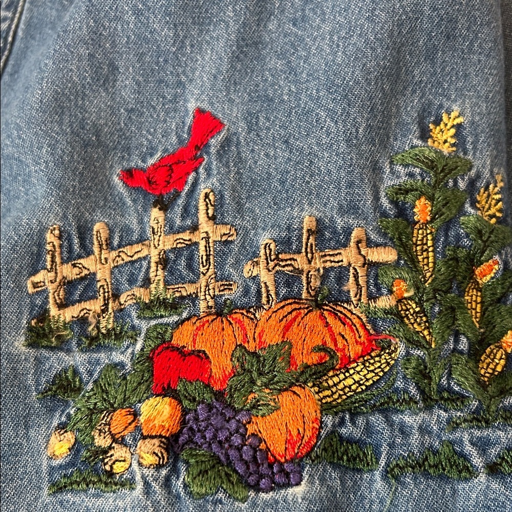 VNTG 90's Fall Harvest Embroidered Chambray Denim Shirt Cotton Size PETITE Large - Picture 8 of 16